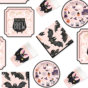 DAMAI - Vajilla Desechable Personalizada con Temática de Halloween, Platos, Servilletas y Vasos de Papel con Diseño de Murciélagos y Brujas, Juego de Vajilla para Fiestas - Product Image 1