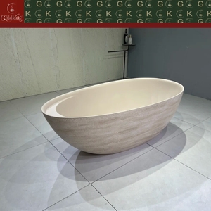 Bañera Ovalada Independiente GOLDKING Minimalista para Apartamento Urbano, en Travertino Beige, con Franjas Horizontales, Borde Liso OEM, Personalizable - Product Image 2