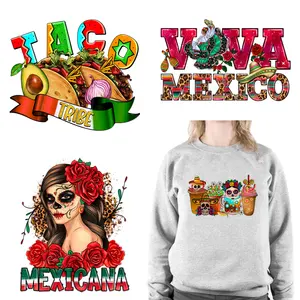 Hete Verkoop Custom Mexico Cultuur Taco Warmte Overdracht Ijzer Op Logo Sticker Mexicana Rommelige Plastisol Transfer Printing Voor Kleding