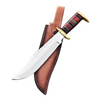 Couteau Bowie en acier inoxydable avec bord partiellement dentelé, manche en bois rouge, garde en laiton, ensemble de couteaux de camping en plein air, 1 pièce