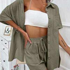 Conjunto de 2 Piezas para Mujer, Verano 2026, Elegante, Color Sólido, Casual, Shorts y Camisa Holgados - Product Image 1