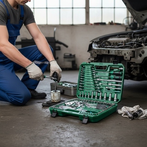Kit de clés à douilles professionnel pour mécanicien, 123 pièces, solution avancée pour la réparation automobile, avec clé à filtre à huile spécialisée à 3 mâchoires - Product Image 1