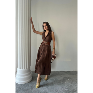 VESTIDO DE MUSLINA SIN MANGAS CON BOTONES EN LA PARTE DELANTERA, COLOR MARRÓN MEDIO, VESTIDO DE TRABAJO - Product Image 5