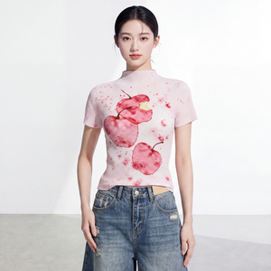 <b>Women's</b> Casual Short Sleeve Loose Fit Knitted Chiffon With Cherry Print <b>Top</b> Eco-Friendly Vintage Breathable Slim Fit All seasons - Product Image 4