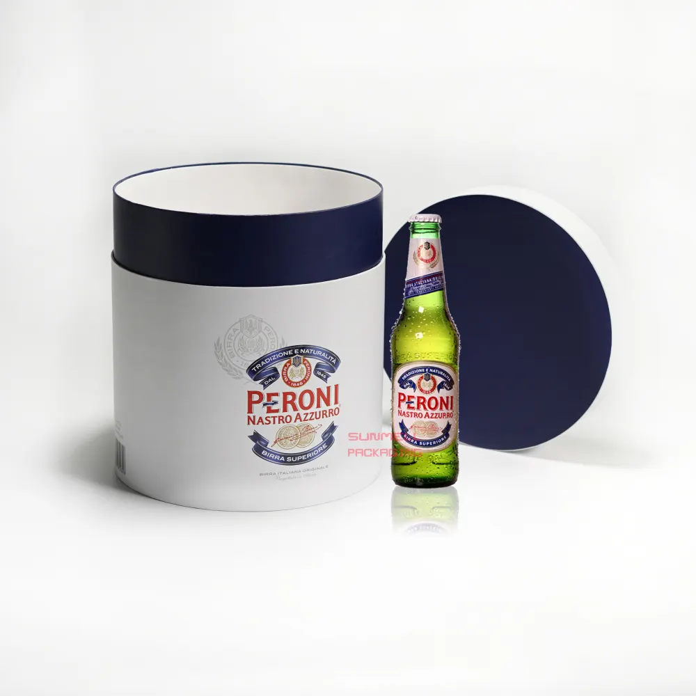 Conjunto de presente de cerveja peroni personalizado, embalagem vazia de cerveja conjunto de embalagens redondas promocional caixa de cartão para seis pacotes de garrafas de cerveja e vidro