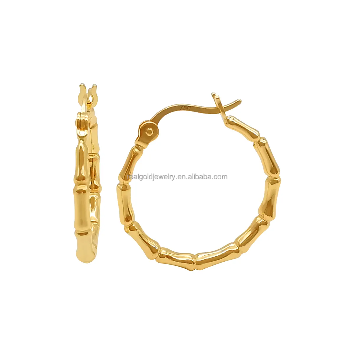 New Designs Genuine 18K Yellow Gold Hoop Earring Bamboo Designed Fine jewelry 18K Earring Hoops