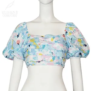 YuFan Camiseta para mulheres com estampa floral feminina de chiffon manga bufante azul de roupa curta