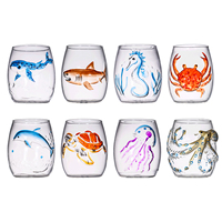 Vaso de Vidrio Creativo con Relieve 3D de Animales Marinos, Tema Oceánico, Ballena, Tiburón, Pulpo, Vaso sin Tallo para Vino, Agua, Jugo