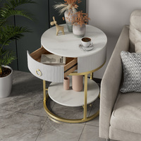 Table basse moderne de luxe avec plateau en marbre et structure en acier inoxydable, tiroirs robustes à forte capacité de charge, doubles étagères pour salon