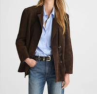 Blazer en daim surdimensionné à double boutonnage pour femme – Veste en cuir marron foncé vintage, élégante et décontractée, idéale pour le bureau et l'automne