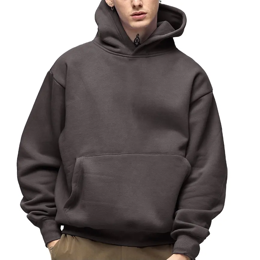 Sweat à capuche baggy en polaire éponge française sans ficelle Marron Blanc Essential100 % Coton Épais Sweat à capuche lourd surdimensionné de haute qualité