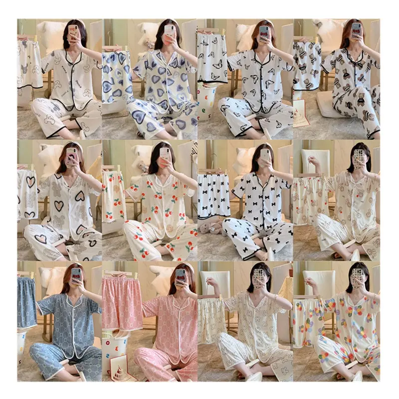 Women Pajama Three Pieces Sleepwear Printed Pijama Cardigan Lounge Wear XXL Size Pyjama Cartoon Milk Silk Nightwear 3 Piece