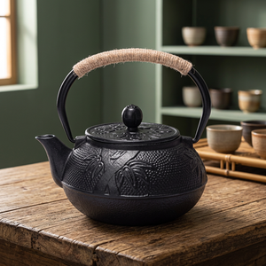 Théière traditionnelle chinoise en métal avec couvercle et poignée en bois, couleur noire - Product Image 3
