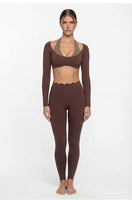 Nouveauté 2026 – Ensemble de yoga deux pièces respirant imprimé : haut court à manches longues style licou et pantalon avec logo frontal – Tenue de sport Pilates et fitness