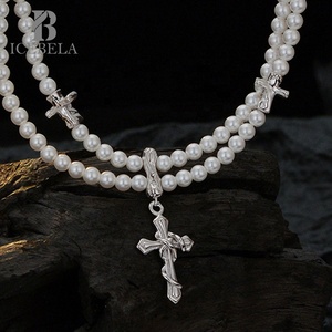 ICEBELA Trendy Luxo Coreano Elegante Plata 925 Sterling <span class=keywords><strong>Silver</strong></span> Chic Dupla Camada Pérola Cadeia Pingente Cruz Colares para As Mulheres - Product Image 2