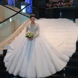 Gaun Pengantin Renda Mewah Wanita Gaun Pesta Manik-manik Elegan Gaun Pengantin Tembus Pandang Lengan Panjang dengan Kereta Panjang 2019