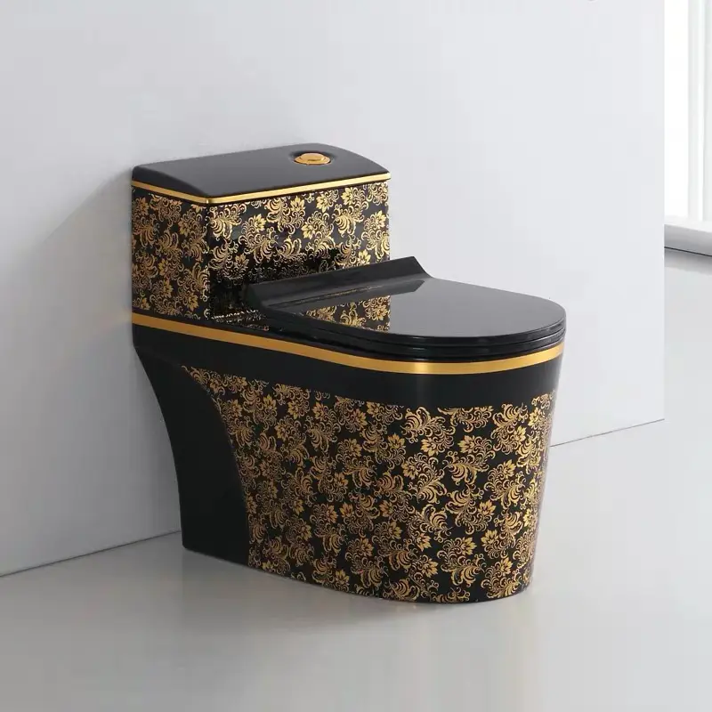 Royal Vintage porselen Timur Tengah emas satu bagian kamar mandi WC mewah hitam dengan Toilet emas