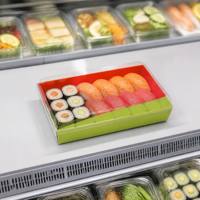Contenants à sushi en pulpe de carton blanc imprimés sur mesure avec couvercles transparents, qualité alimentaire, pour les épiceries et supermarchés