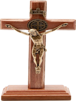Statue religieuse en bois de crucifix avec médaille argentée de Jésus et de Saint Benoît - Décoration d'autel pour la maison pour les cadeaux religieux catholiques