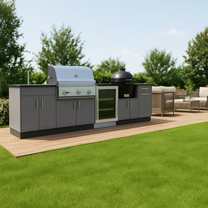 Isla de Cocina Exterior Moderna con Encimera de Acero Inoxidable, Fregadero, Refrigerador y Ahumador, Gabinete de Cocina Resistente a la Intemperie - Product Image 1