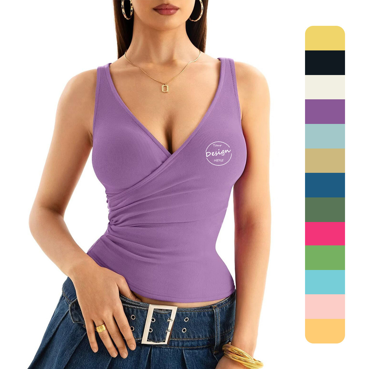 Women's V Neck Ribbed Knit Crop Tank Top - Stretchy Sleeveless Camisole, Solid Colors - View #4