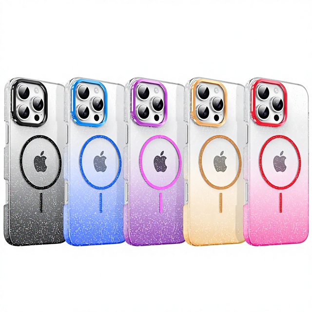 New for IPhone16Promax 17 Glitter Magnetic Rainbow Hot Pressed Transparent Drop-Proof TPU Case with Magnetic Ring Holder