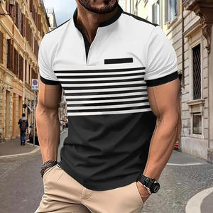 Polo d'été pour homme à manches courtes, motif rayé, respirant, avec poche, tenue décontractée, tissu fin, imprimé géométrique, style business décontracté - Product Image 1
