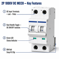 Wanbo-500 2P 1000V DC 10kA Pemutus Sirkuit Cetak (Molded Case Circuit Breaker) untuk Sistem BESS PV Surya, Tahan Beban Berlebih dan Hubung Singkat, Pemasangan Rel DIN DC