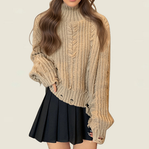 <span class=keywords><strong>Pull</strong></span> décontracté en polyester tricoté torsadé avec dentelle, col roulé <span class=keywords><strong>oversize</strong></span>, manches longues, respirant et anti-plis, style automne européen et américain - Product Image 3