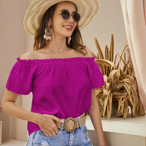 Damen Herbst Vintage Einfarbiges Lässiges Unifarbenes Schulterfreies Rüschenhemd Neu im Trend - Product Image 2