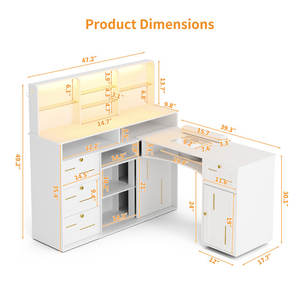 Gabinete de Almacenamiento Rodante de Madera, Escritorio de Manicura en Forma de L Ajustable con <span class=keywords><strong>Colector</strong></span> de Polvo Deslizante y Reposamuñecas - Product Image 2