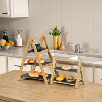 Plateau de service pliable moderne à 3 niveaux en bambou et ardoise, couleur naturelle, 41x25x49.5CM, support à cupcakes à étages, plateau rectangulaire pour fêtes