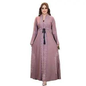 CCY Ladies Fancy Maxi Muslim Rhinestone Abaya Dresses with Belt Islamic Clothing Long Sleeve Dress Abaya Women