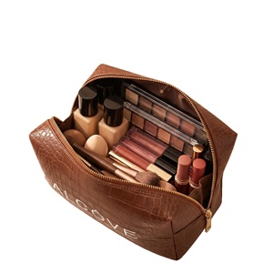 Pochette de toilette en cuir PU à motif crocodile durable, de qualité supérieure, avec fermeture éclair, logo brodé, sacs à maquillage pour femmes - Product Image 1