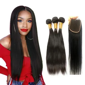 Free shipping mink Brazilian straight hair 3 bundles with lace closure set deals cheap human hair extension wholesale