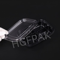 Emballage alimentaire jetable écologique en plastique PET RPET rectangulaire à 4 compartiments de 35 oz, base noire, couvercle transparent, boîte à salade
