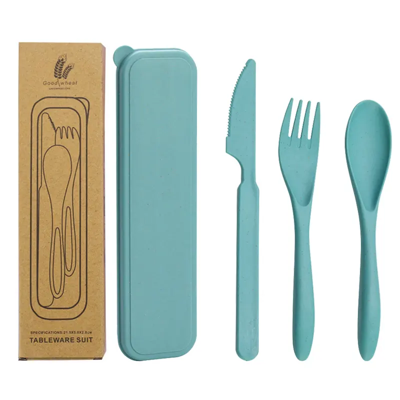 Amazon New Color Eco-friendly Cutlery Wheat Straw BPA Free Plastic Knife Spoon Fork Cutlery Set with Portable Box