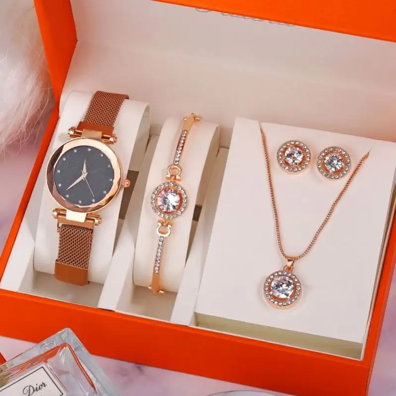 Luxury Women Watches Crystal Bracelet Stud Earring Necklace Set Lady Watch Casual Quartz Wrist watch Set