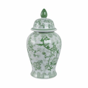 Vaso in ceramica con disegno di uccelli e fiori, urna decorativa verde e bianca per soggiorno, complemento d'arredo per la casa. - Product Image 4