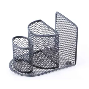 Fabriek Directe Verkoop Aangepaste Zwarte Bureau Kantoor Metalen Mesh D-Vorm Pen Potloodhouders Met Letter Envelop Houder Stand Functie