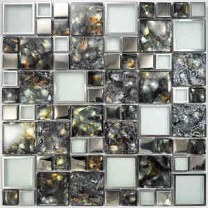 Mosaïque graphique moderne en verre, mélange de matériaux cristallins, film ambre et acier pour crédence et application murale intérieure - Product Image 1