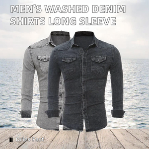 <b>Men's</b> Washed <b>Denim</b> <b>Shirt</b> Long Sleeve Turn-Down Collar Casual Button Up Top - Product Image 2