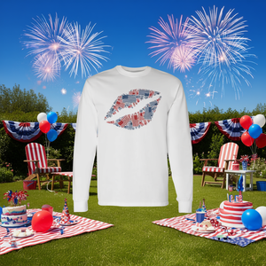 T-shirt a maniche lunghe con silhouette di labbra patriottiche con bandiera americana, 4 luglio - Product Image 3