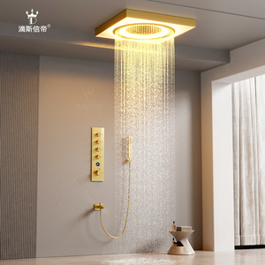 Juego de ducha termostático Dipsidai, totalmente de cobre, con cabezal de lluvia cuadrado en oro cepillado, pantalla digital e iluminación LED para uso doméstico - Product Image 1