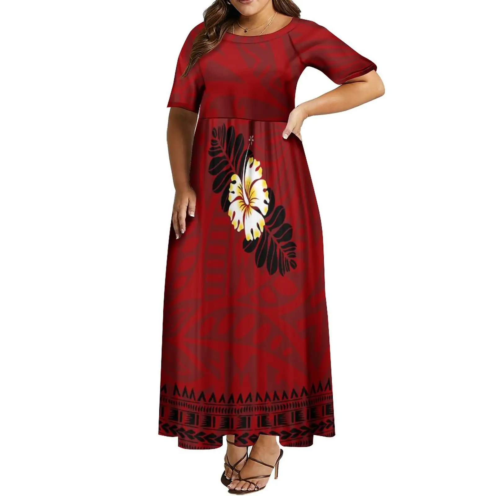 Fábrica al por mayor de encargo de la flor del hibisco polinesio Tribal impreso elegante vestido Hawaiano cuello redondo plisado vestidos largos de las mujeres