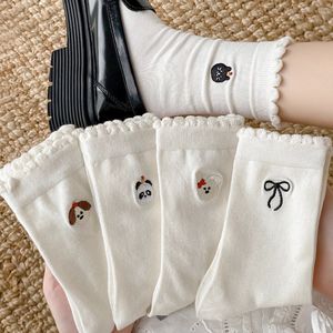 White Lace Trim Mid Calf Socks For Women Cotton Breathable Cartoon Animal Design Spring Summer Casual Wear - Product Image 1
