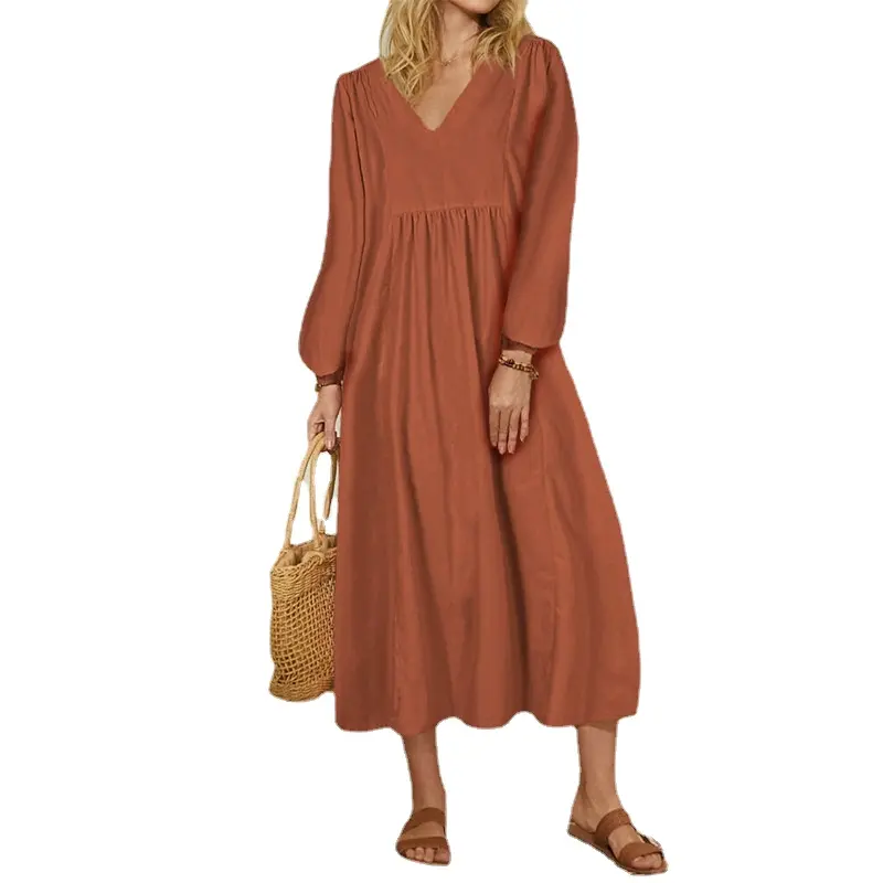 New Solid Color Fashion Women's V-neck Cotton Linen Loose Lantern Sleeve Casual Dress Commuting Leisure Vacation