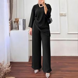 Ensemble HANO pour femmes musulmanes, haut à manches longues et pantalon large, couleur unie, style décontracté arabe turc, ensemble simple 2 pièces - Product Image 4