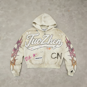 Felpe con Zip Personalizzate da Produttori, Stile Distressed con Applicazioni in Strass e Ricami, Servizio Completo per Streetwear Maschile - Product Image 2