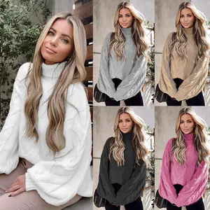 Venta al por mayor Otoño Cuello alto Señoras Twist Knitted Mujeres Drop Shoulder Long Sleeve Oversized Cable Knit Sweater Mujeres